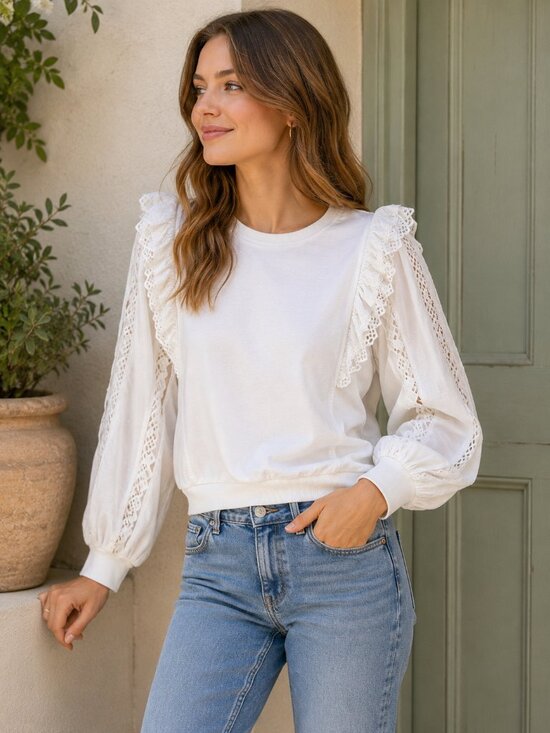 Anthropologie Tops - By Anthropologie White Ruffle Sleeve Top Sz M